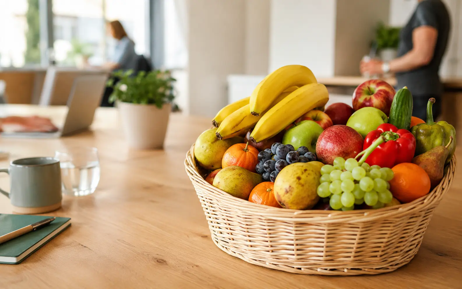 Frischer Obst- und Gemüsekorb auf einem Tisch in einem freundlichen Büro